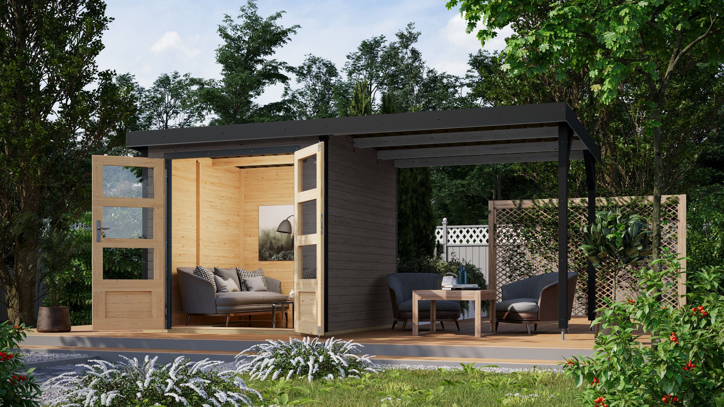 Foto van Karibu 93428 Jupiter 2 tuinhuis met overkapping - terragrijs|antraciet