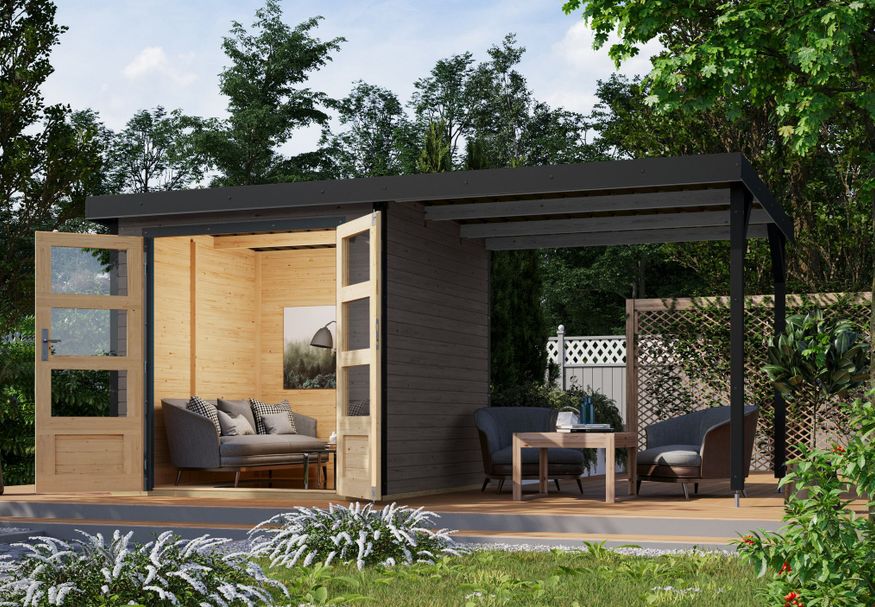 Karibu tuinhuis met overkapping Jupiter 2 - Set B - terragrijs|antraciet (93428) Foto van Karibu tuinhuis met overkapping Jupiter 2 - Set B - terragrijs|antraciet (93428)