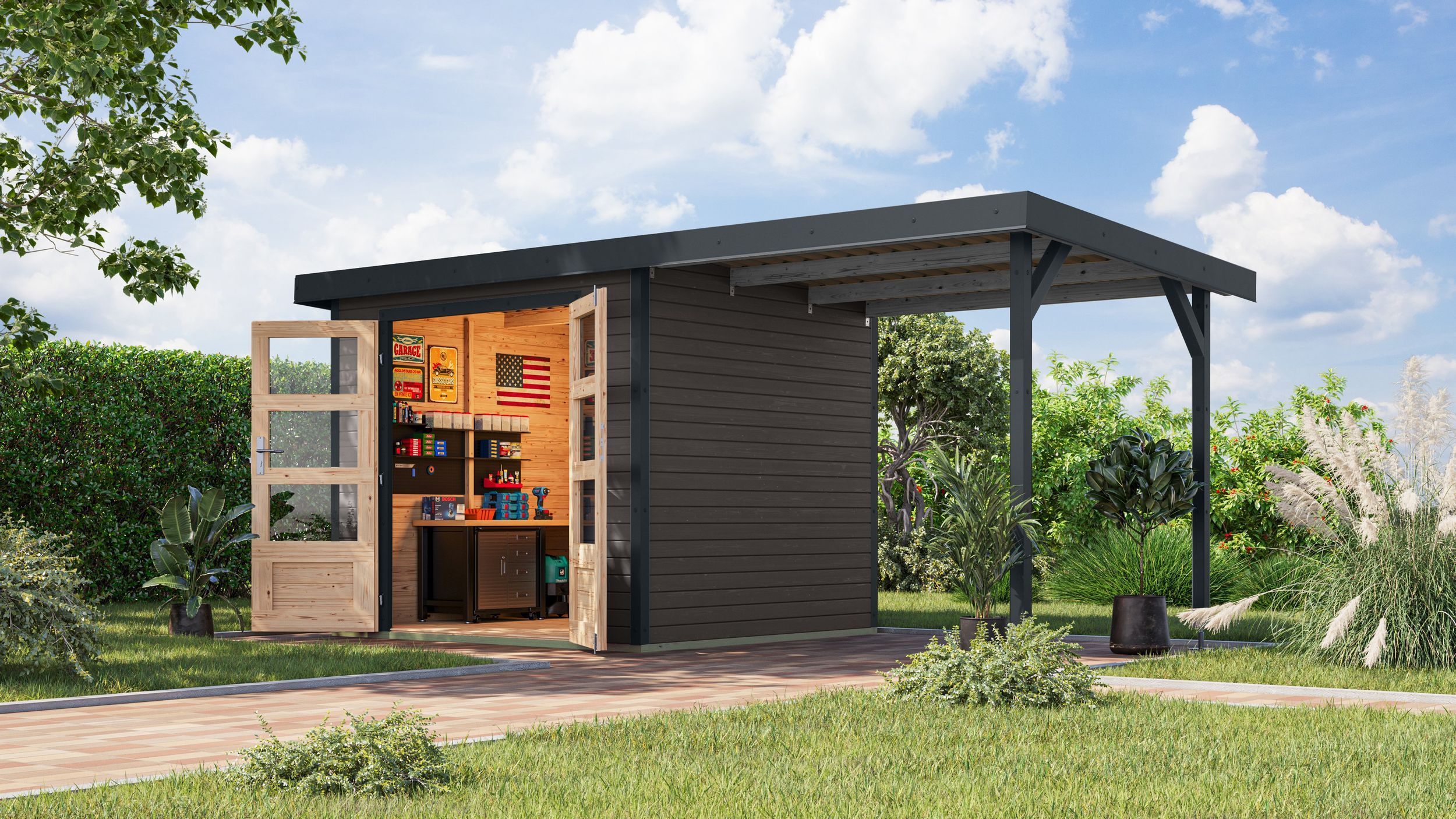 Foto van Karibu 12361 Jupiter 3 tuinhuis met overkapping - terragrijs|antraciet