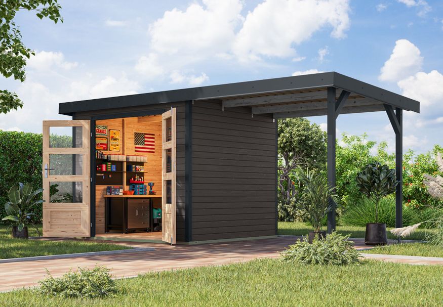 Karibu tuinhuis met overkapping Jupiter 3 - Set B - terragrijs|antraciet (12361) Foto van Karibu tuinhuis met overkapping Jupiter 3 - Set B - terragrijs|antraciet (12361)