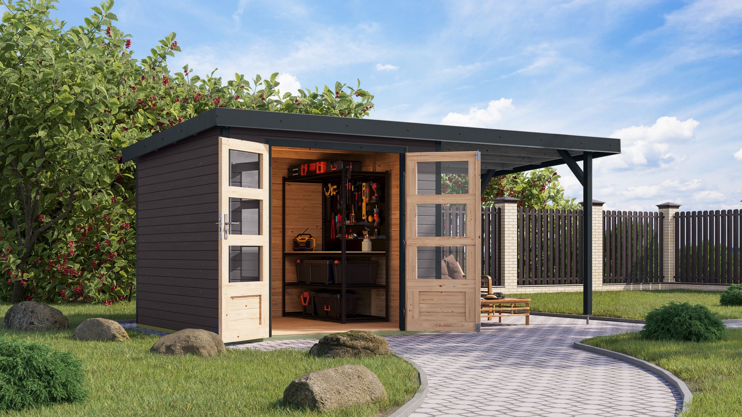 Foto van Karibu 12376 Jupiter 3.5 tuinhuis met overkapping - terragrijs|antraciet