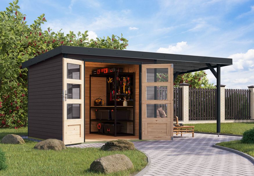 Karibu tuinhuis met overkapping Jupiter 3.5 - Set B - terragrijs|antraciet (12376) Foto van Karibu tuinhuis met overkapping Jupiter 3.5 - Set B - terragrijs|antraciet (12376)