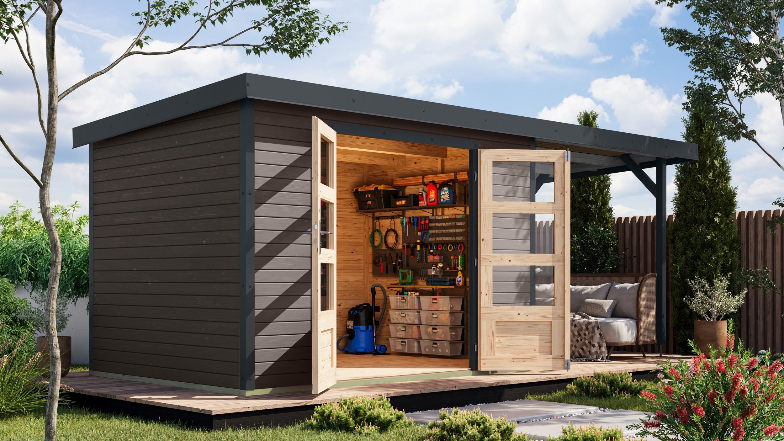 Foto van Karibu 12389 Jupiter 4 tuinhuis met overkapping - terragrijs|antraciet