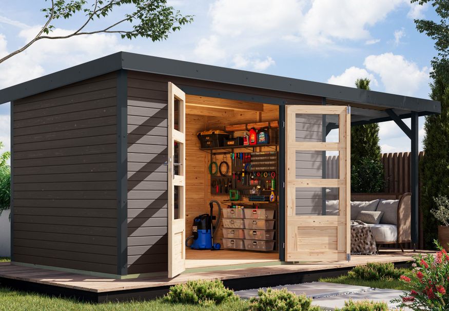 Karibu tuinhuis met overkapping Jupiter 4 - Set B - terragrijs|antraciet (12389) Foto van Karibu tuinhuis met overkapping Jupiter 4 - Set B - terragrijs|antraciet (12389)