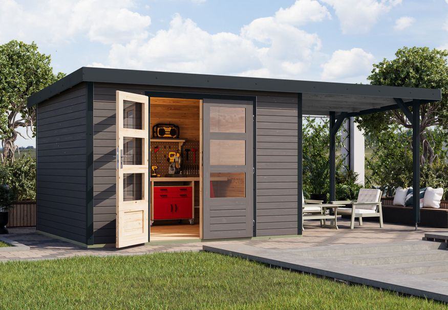 Foto van Karibu tuinhuis met overkapping Jupiter 5 - Set B - terragrijs|antraciet (12411)