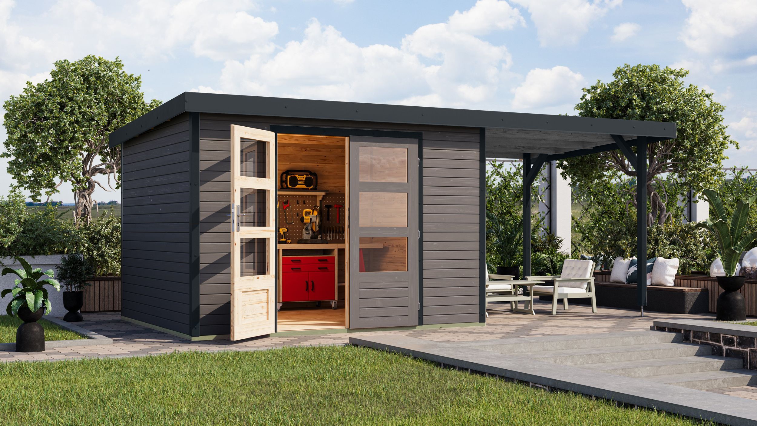 Foto van Karibu 12411 Jupiter 5 tuinhuis met overkapping - terragrijs|antraciet