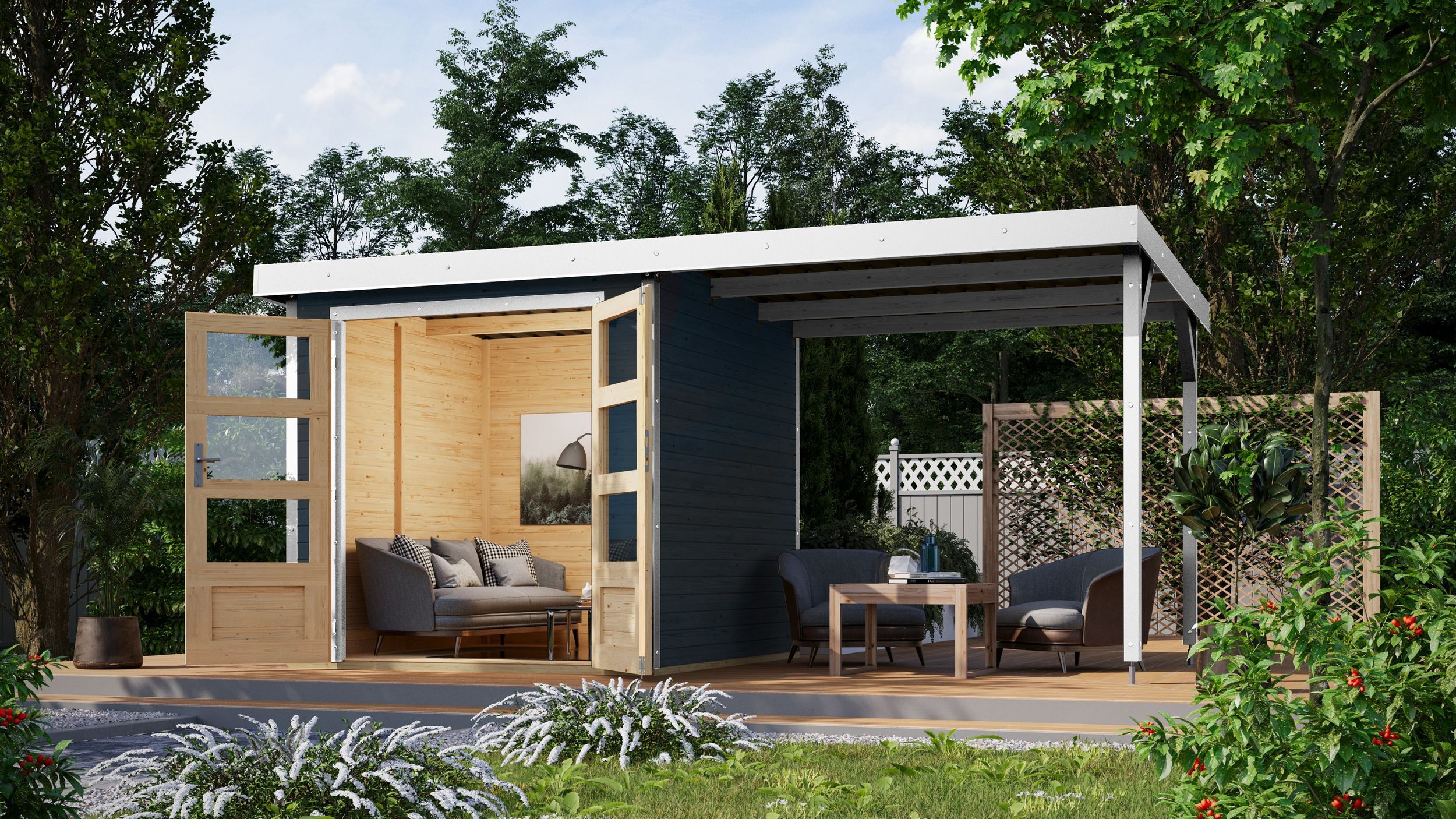 Foto van Karibu 93429 Jupiter 2 tuinhuis met overkapping - antraciet|wit