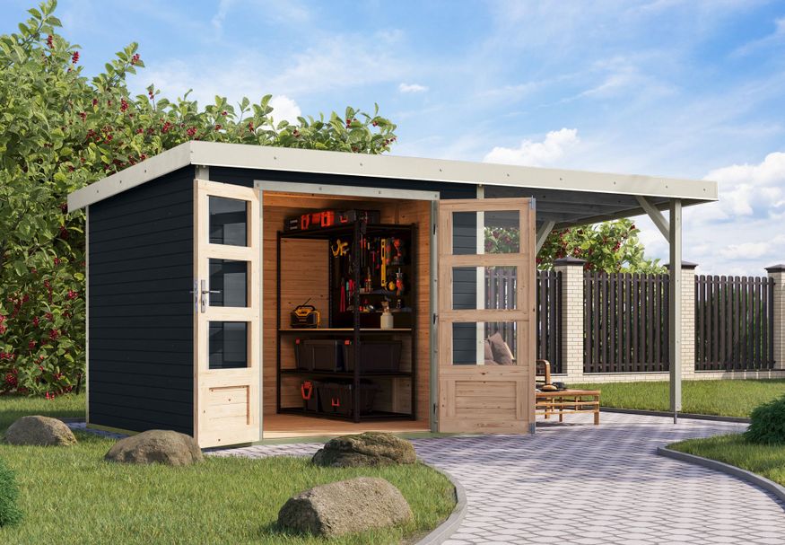 Karibu tuinhuis met overkapping Jupiter 3.5 - Set C - antraciet|wit (12377) Foto van Karibu tuinhuis met overkapping Jupiter 3.5 - Set C - antraciet|wit (12377)