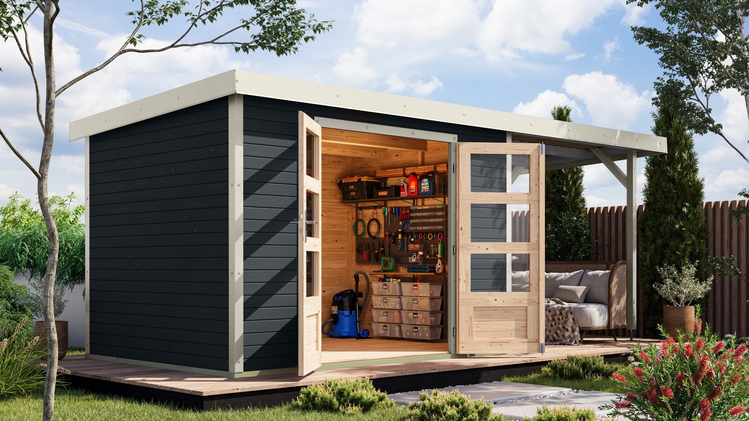 Foto van Karibu 12393 Jupiter 4 tuinhuis met overkapping - antraciet|wit