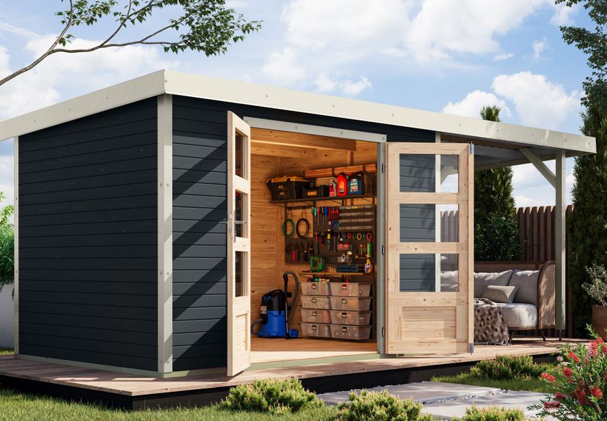 Karibu tuinhuis met overkapping Jupiter 4 - Set C - antraciet|wit (12393) Foto van Karibu tuinhuis met overkapping Jupiter 4 - Set C - antraciet|wit (12393)