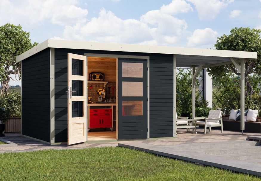 Karibu tuinhuis met overkapping Jupiter 5 - Set C - antraciet|wit (12412) Foto van Karibu tuinhuis met overkapping Jupiter 5 - Set C - antraciet|wit (12412)
