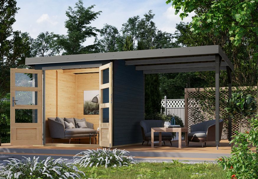 Karibu tuinhuis met overkapping Jupiter 2 - Set C - antraciet|grijsaluminium (12340) Foto van Karibu tuinhuis met overkapping Jupiter 2 - Set C - antraciet|grijsaluminium (12340)