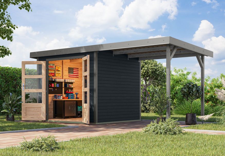 Foto van Karibu tuinhuis met overkapping Jupiter 3 - Set C - antraciet|grijsaluminium (12363)