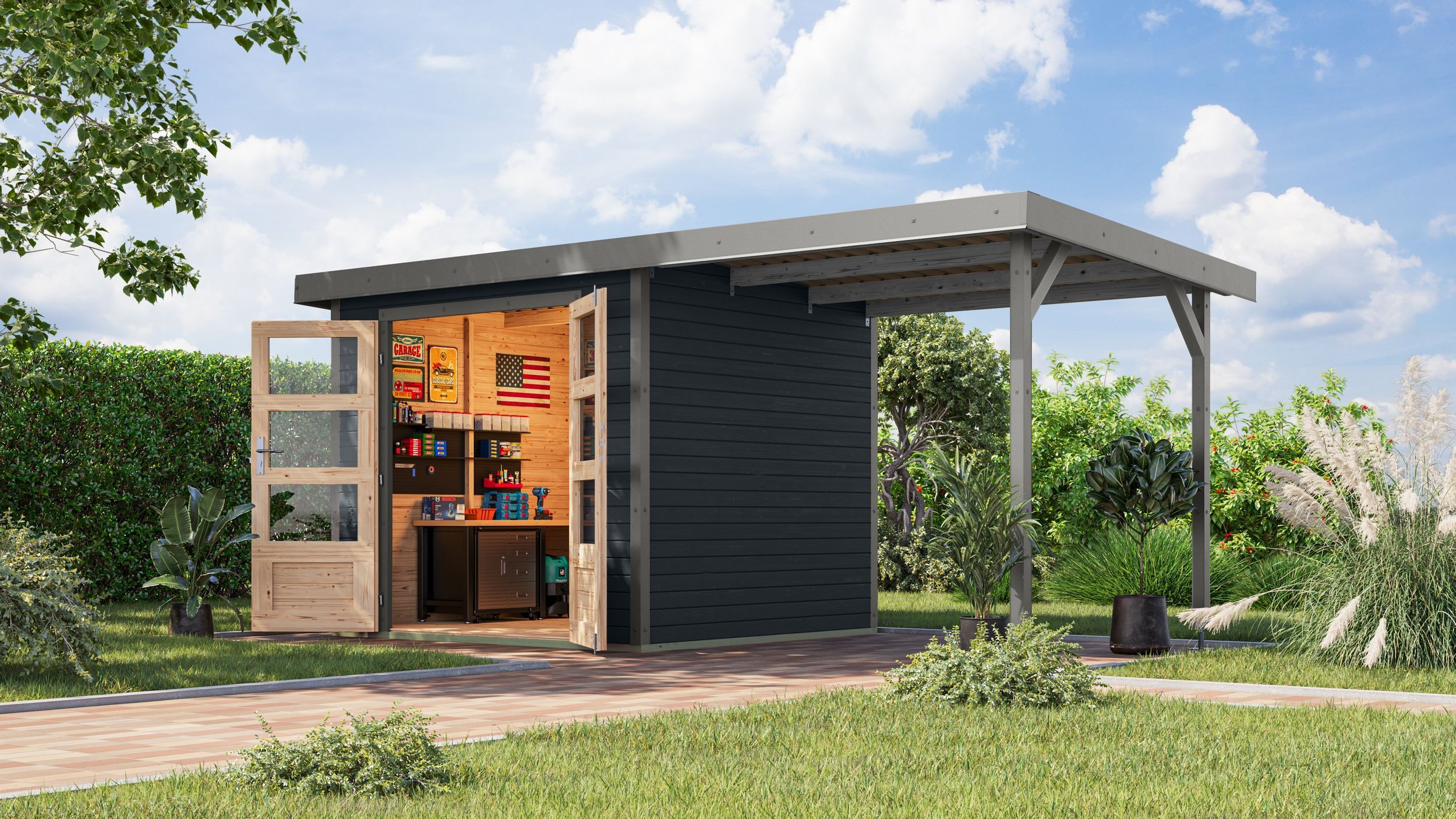 Foto van Karibu 12363 Jupiter 3 tuinhuis met overkapping - antraciet|grijsaluminium