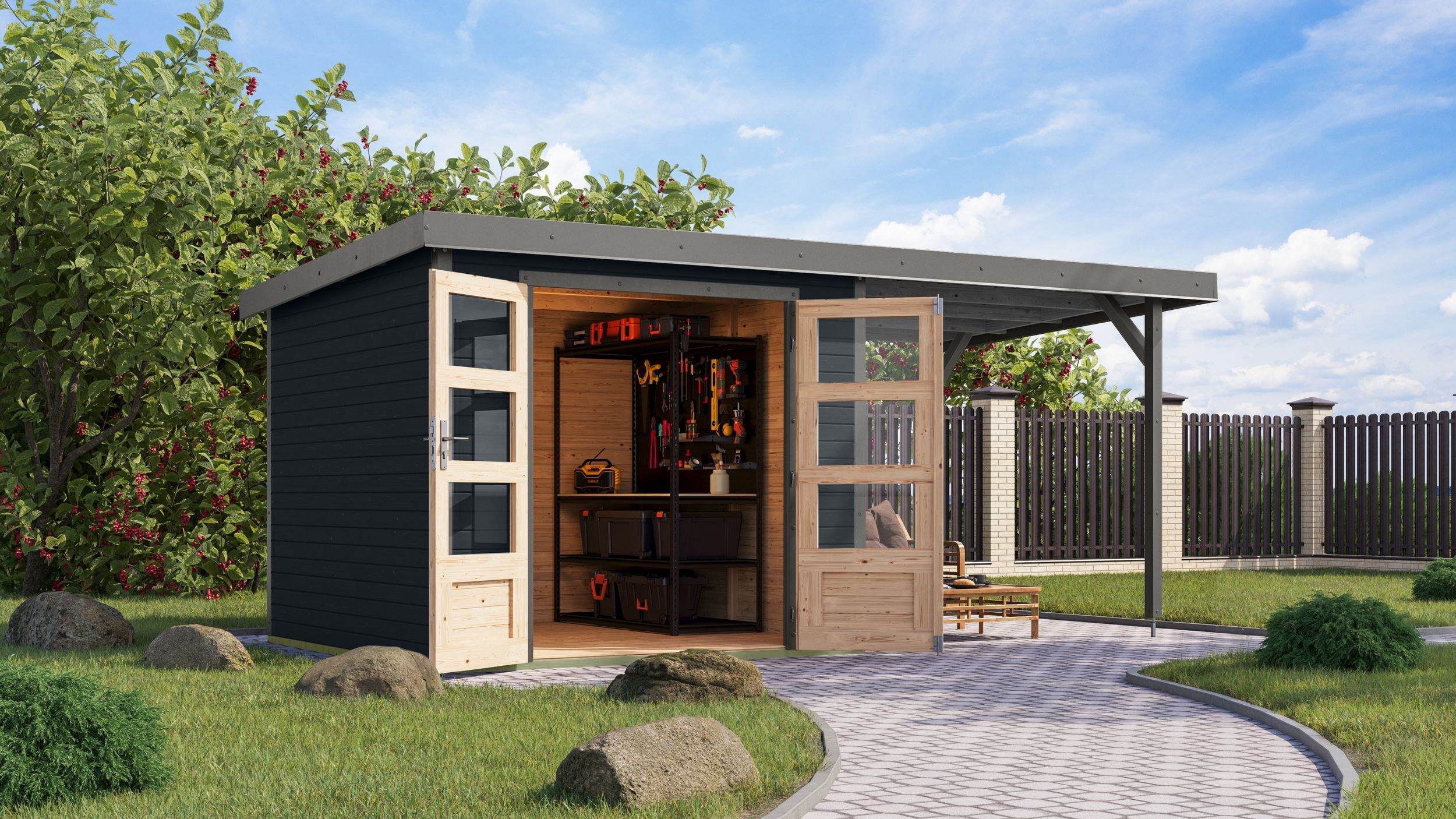 Foto van Karibu 12378 Jupiter 3.5 tuinhuis met overkapping - antraciet|grijsaluminium