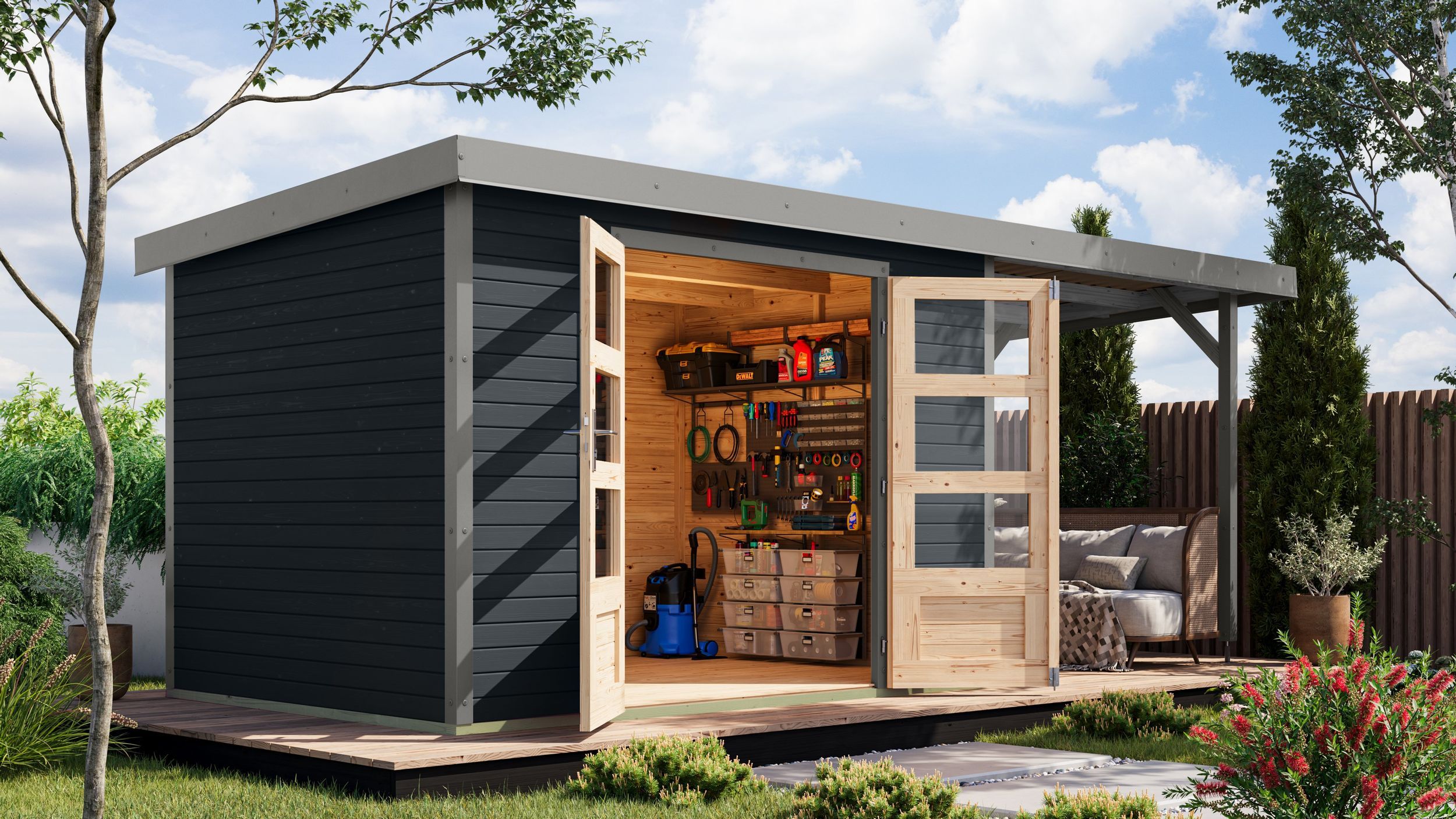 Foto van Karibu 12394 Jupiter 4 tuinhuis met overkapping - antraciet|grijsaluminium