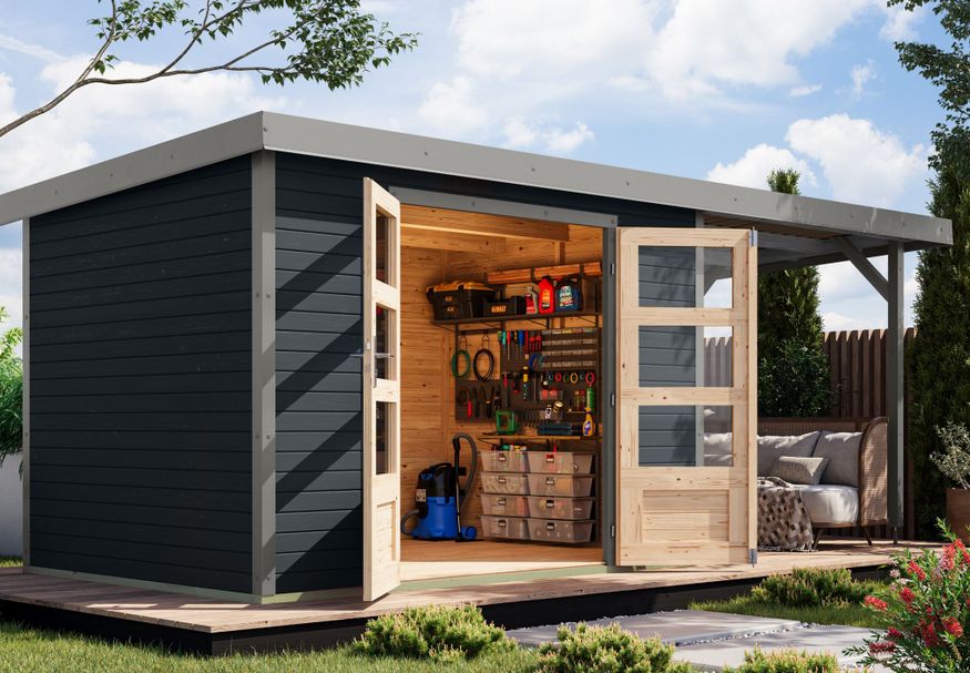 Karibu tuinhuis met overkapping Jupiter 4 - Set C - antraciet|grijsaluminium (12394) Foto van Karibu tuinhuis met overkapping Jupiter 4 - Set C - antraciet|grijsaluminium (12394)