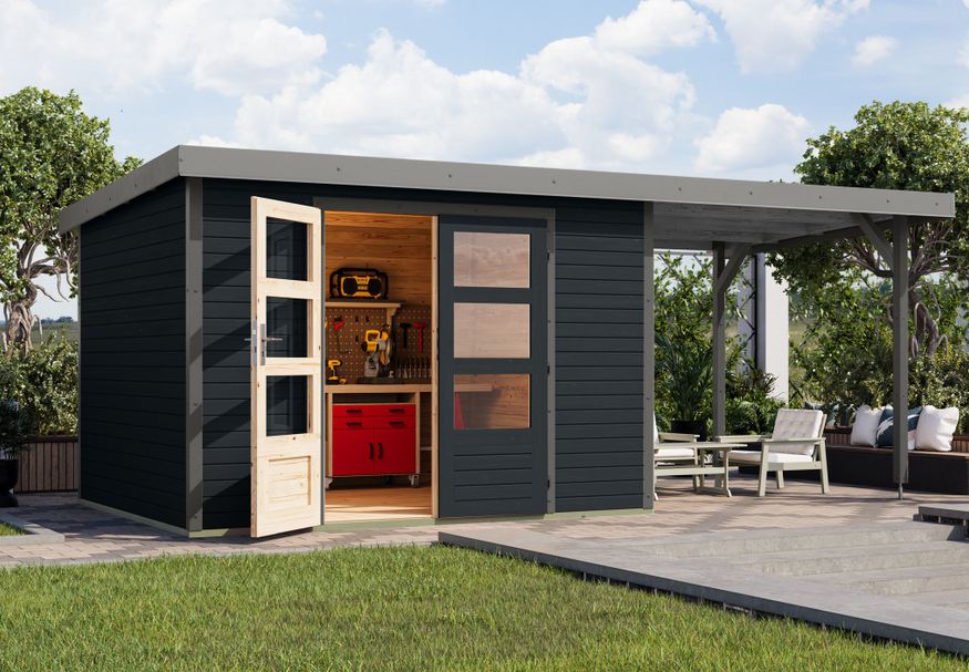Karibu tuinhuis met overkapping Jupiter 5 - Set C - antraciet|grijsaluminium (12413) Foto van Karibu tuinhuis met overkapping Jupiter 5 - Set C - antraciet|grijsaluminium (12413)