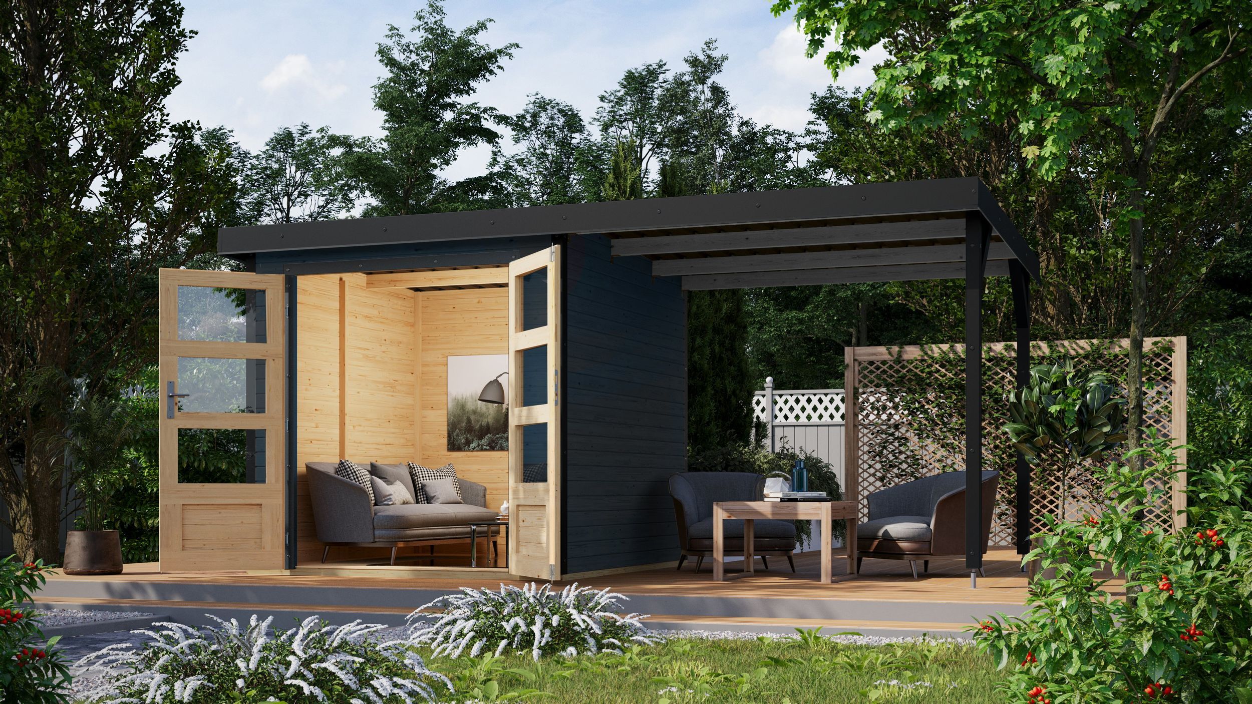 Foto van Karibu 93431 Jupiter 2 tuinhuis met overkapping - antraciet|antraciet