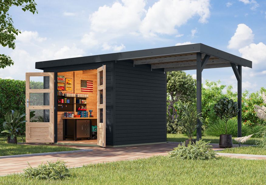 Foto van Karibu tuinhuis met overkapping Jupiter 3 - Set C - antraciet|antraciet (12364)