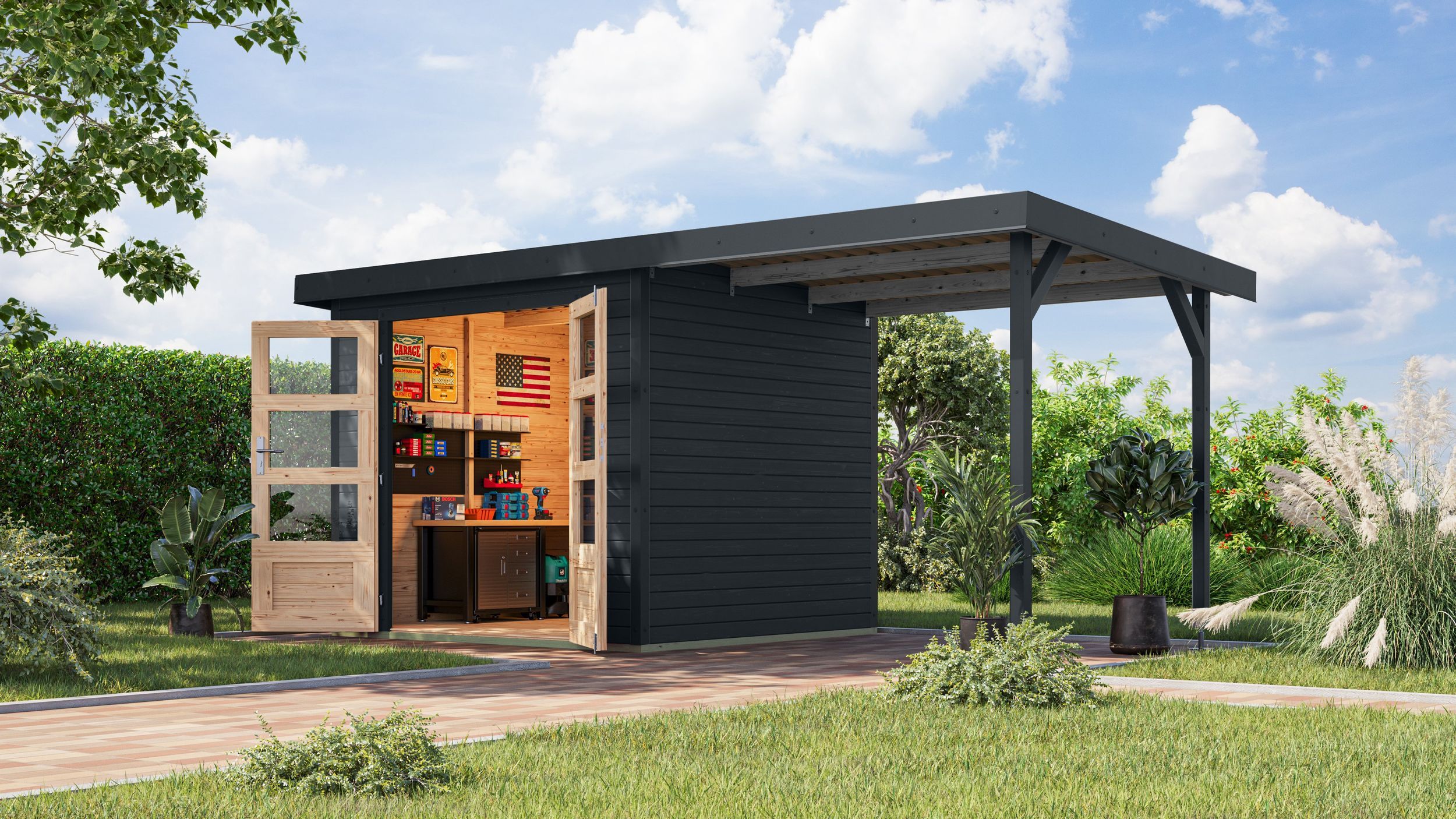 Foto van Karibu 12364 Jupiter 3 tuinhuis met overkapping - antraciet|antraciet