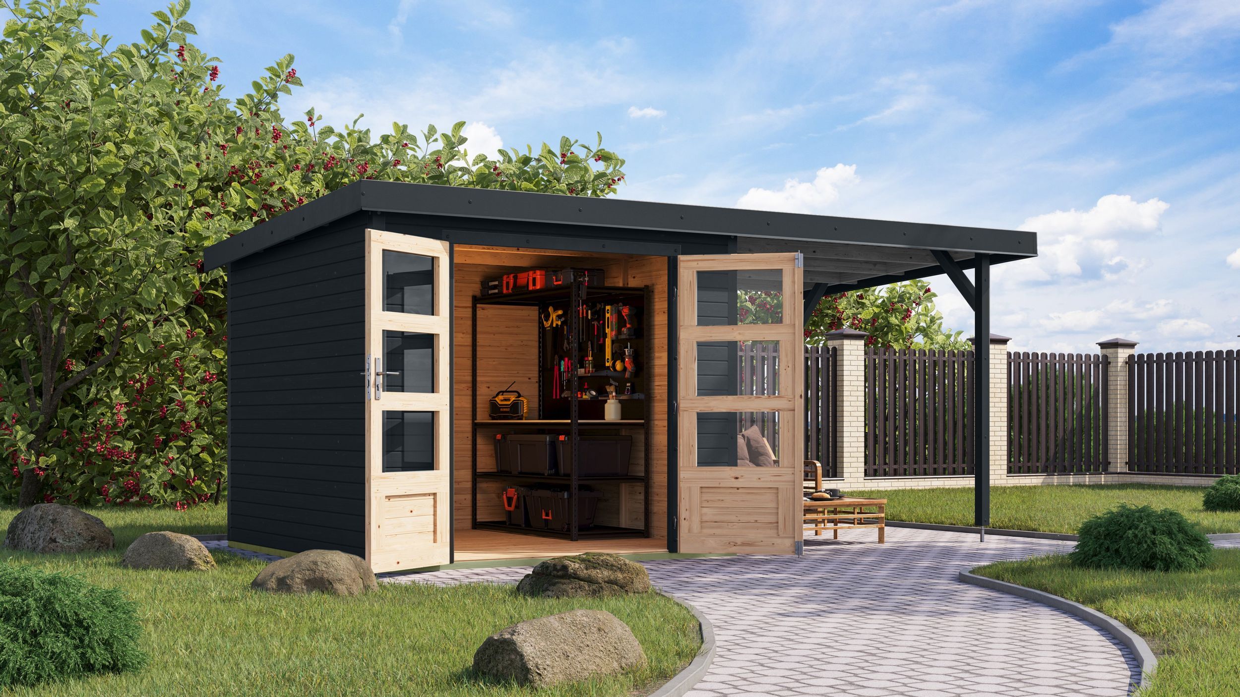 Foto van Karibu 12379 Jupiter 3.5 tuinhuis met overkapping - antraciet|antraciet