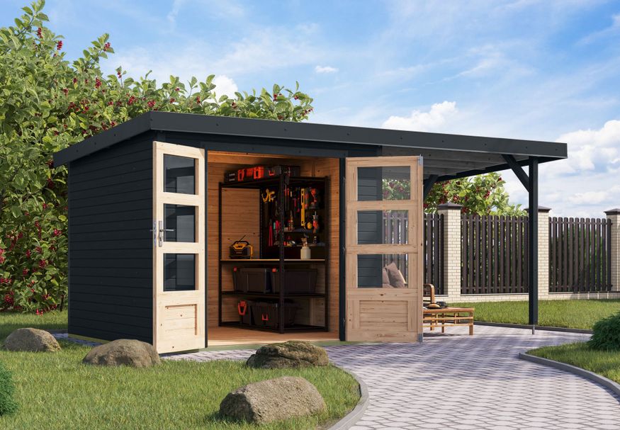 Karibu tuinhuis met overkapping Jupiter 3.5 - Set C - antraciet|antraciet (12379) Foto van Karibu tuinhuis met overkapping Jupiter 3.5 - Set C - antraciet|antraciet (12379)