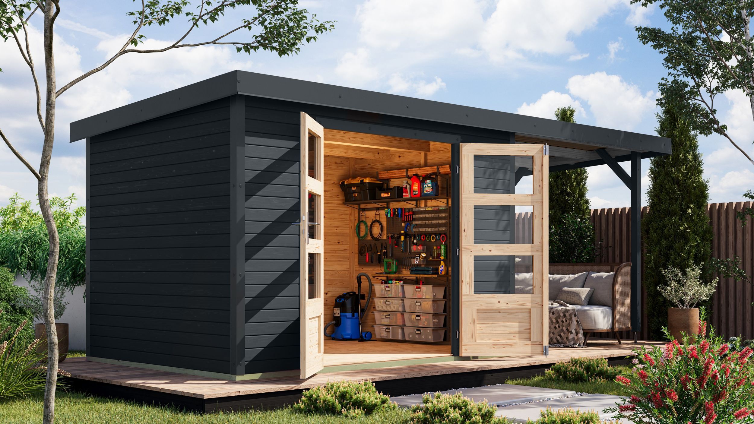 Foto van Karibu 12399 Jupiter 4 tuinhuis met overkapping - antraciet|antraciet