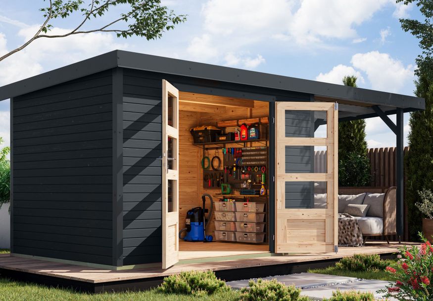 Karibu tuinhuis met overkapping Jupiter 4 - Set C - antraciet|antraciet (12399) Foto van Karibu tuinhuis met overkapping Jupiter 4 - Set C - antraciet|antraciet (12399)