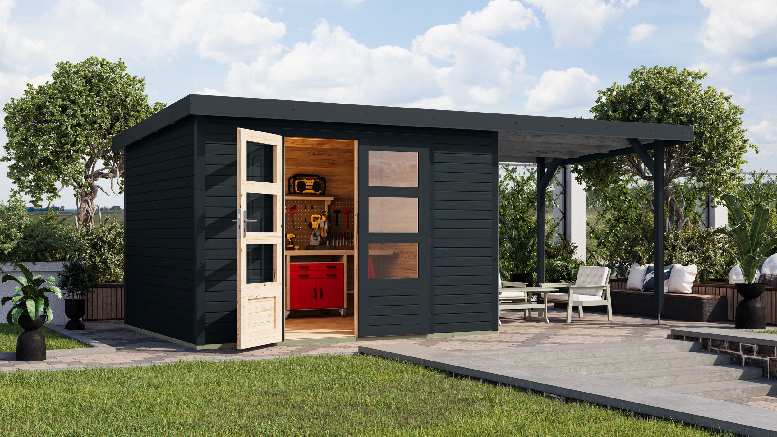 Foto van Karibu 12414 Jupiter 5 tuinhuis met overkapping - antraciet|antraciet