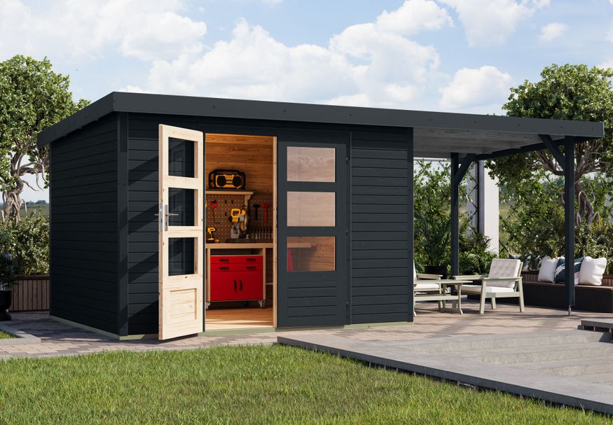 Karibu tuinhuis met overkapping Jupiter 5 - Set C - antraciet|antraciet (12414) Foto van Karibu tuinhuis met overkapping Jupiter 5 - Set C - antraciet|antraciet (12414)
