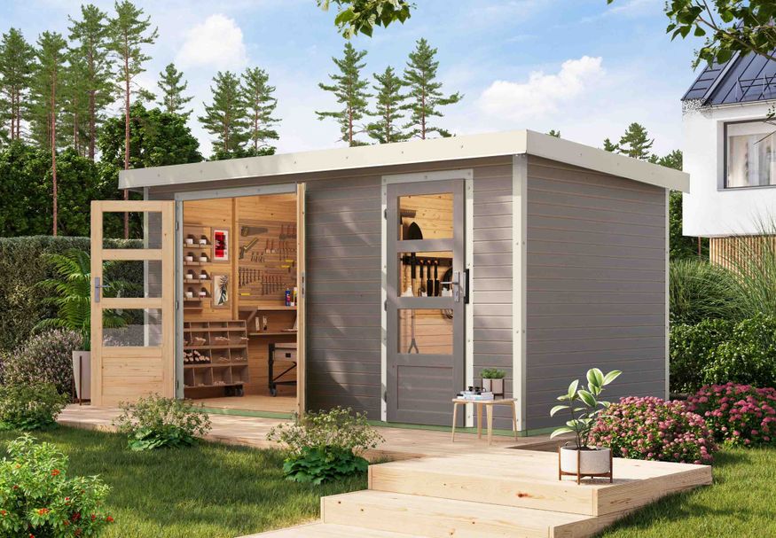 Foto van Karibu tuinhuis Merkur - Set D - watergrijs|wit (12498)