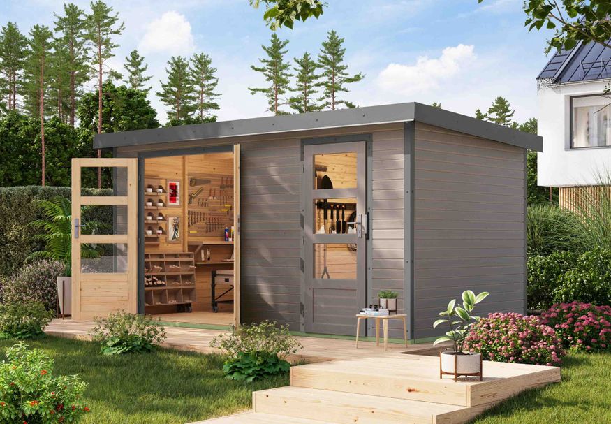Karibu tuinhuis Merkur - Set D - watergrijs|grijsaluminium (12499) Foto van Karibu tuinhuis Merkur - Set D - watergrijs|grijsaluminium (12499)