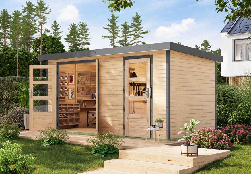 Karibu tuinhuis Merkur - Set A - vuren|grijsaluminium (12490) Foto van Karibu tuinhuis Merkur - Set A - vuren|grijsaluminium (12490)