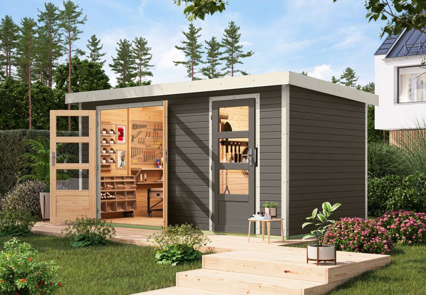 Karibu tuinhuis Merkur - Set B - terragrijs|wit (12492) Foto van Karibu tuinhuis Merkur - Set B - terragrijs|wit (12492)