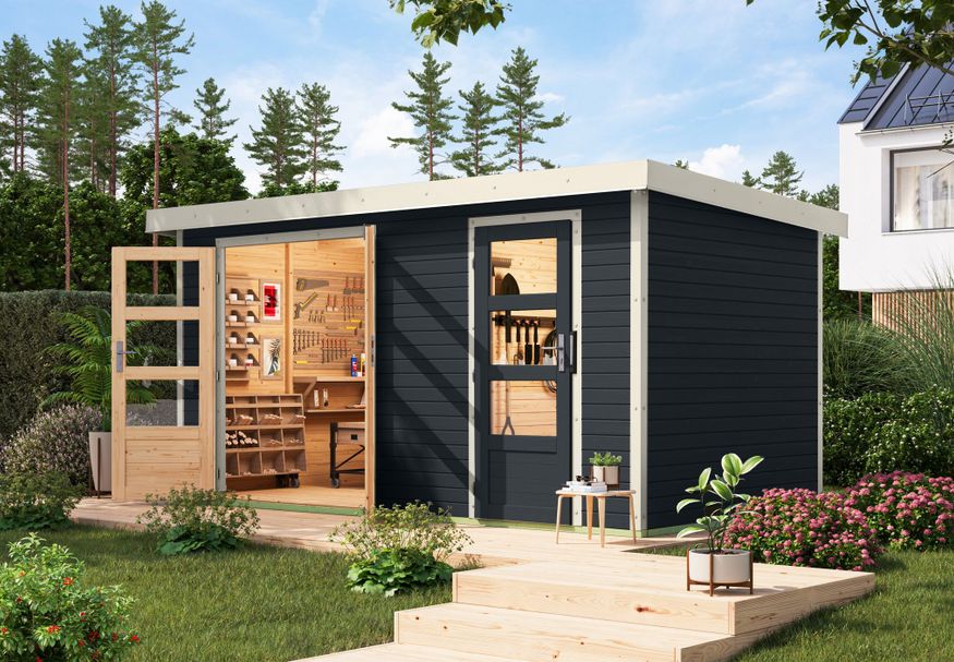 Karibu tuinhuis Merkur - Set C - antraciet|wit (12495) Foto van Karibu tuinhuis Merkur - Set C - antraciet|wit (12495)