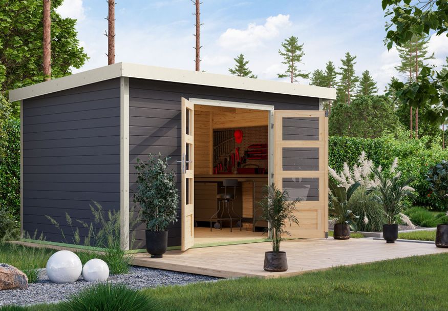 Karibu tuinhuis Pluto 7 - Set B - terragrijs|wit (12442) Foto van Karibu tuinhuis Pluto 7 - Set B - terragrijs|wit (12442)