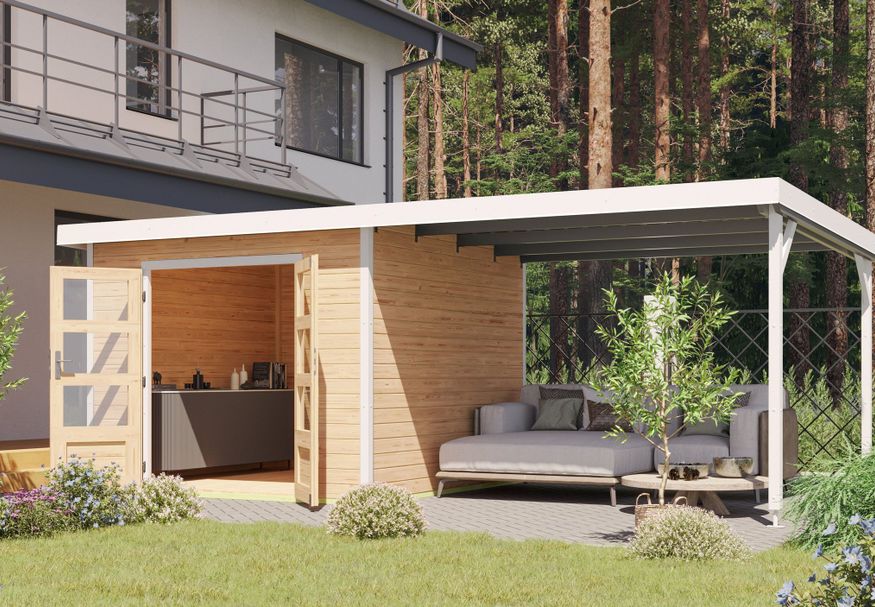 Karibu tuinhuis met overkapping Pluto 6 - Set A - vuren|wit (97906) Foto van Karibu tuinhuis met overkapping Pluto 6 - Set A - vuren|wit (97906)