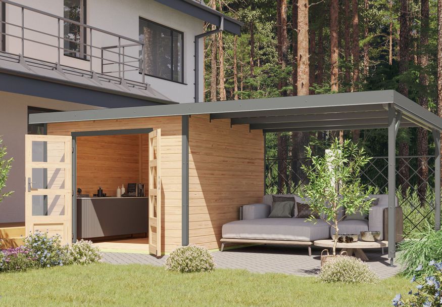 Karibu tuinhuis met overkapping Pluto 6 - Set A - vuren|grijsaluminium (12435) Foto van Karibu tuinhuis met overkapping Pluto 6 - Set A - vuren|grijsaluminium (12435)