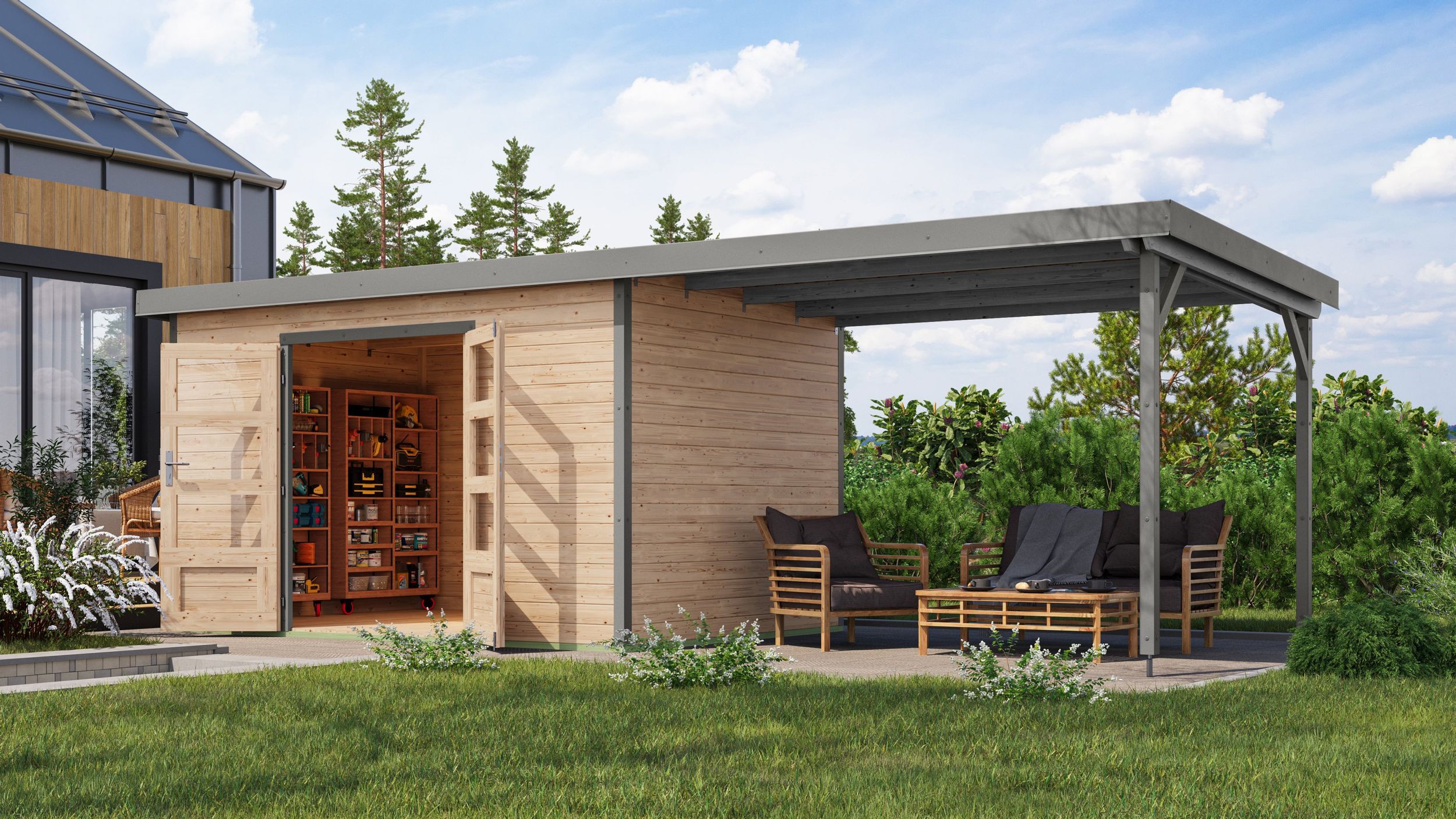 Foto van Karibu 12452 Pluto 7 tuinhuis met overkapping - vuren|grijsaluminium