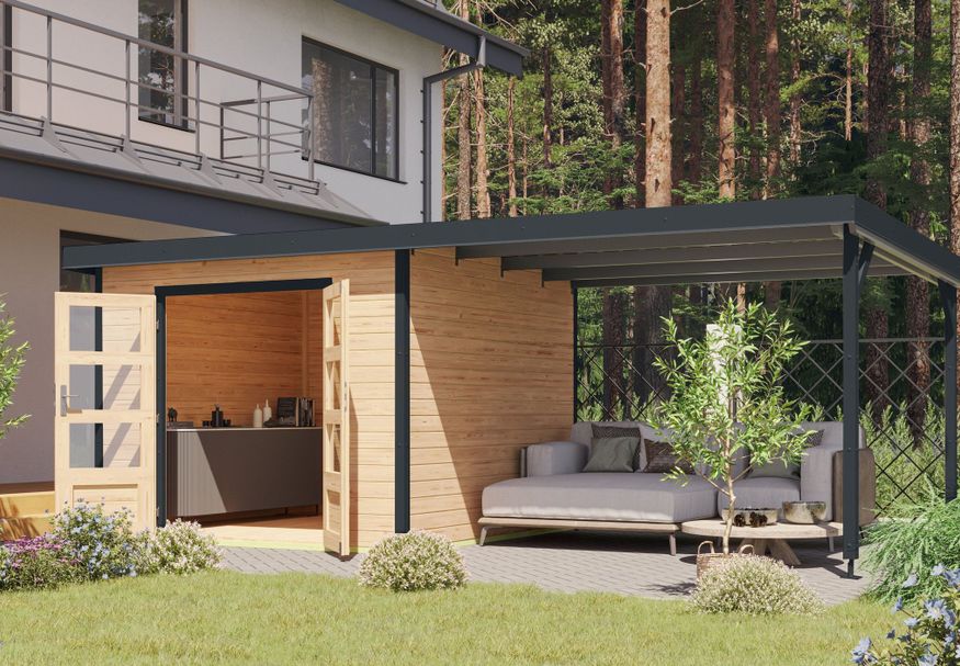 Foto van Karibu tuinhuis met overkapping Pluto 6 - Set A - vuren|antraciet (97908)