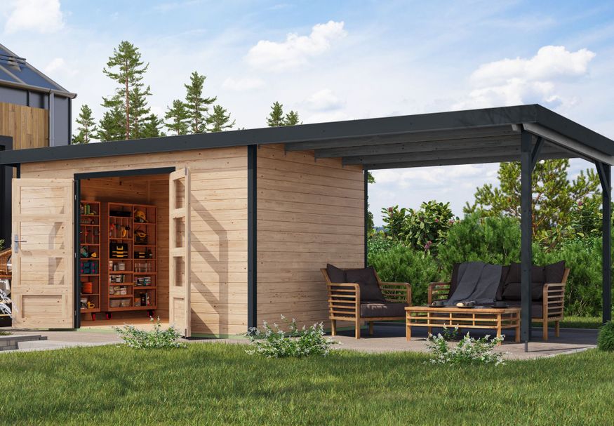 Karibu tuinhuis met overkapping Pluto 7 - Set A - vuren|antraciet (12453) Foto van Karibu tuinhuis met overkapping Pluto 7 - Set A - vuren|antraciet (12453)
