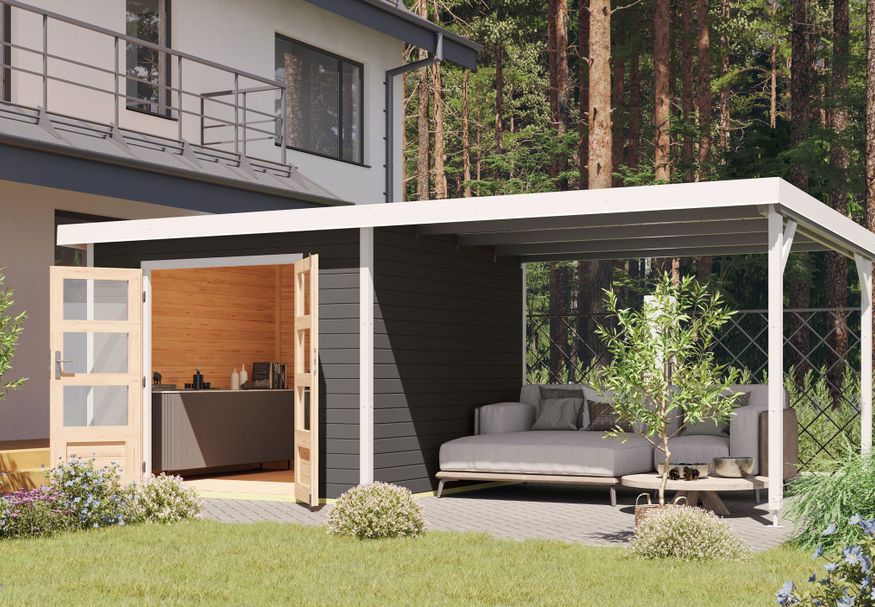 Karibu tuinhuis met overkapping Pluto 6 - Set B - terragrijs|wit (97909) Foto van Karibu tuinhuis met overkapping Pluto 6 - Set B - terragrijs|wit (97909)