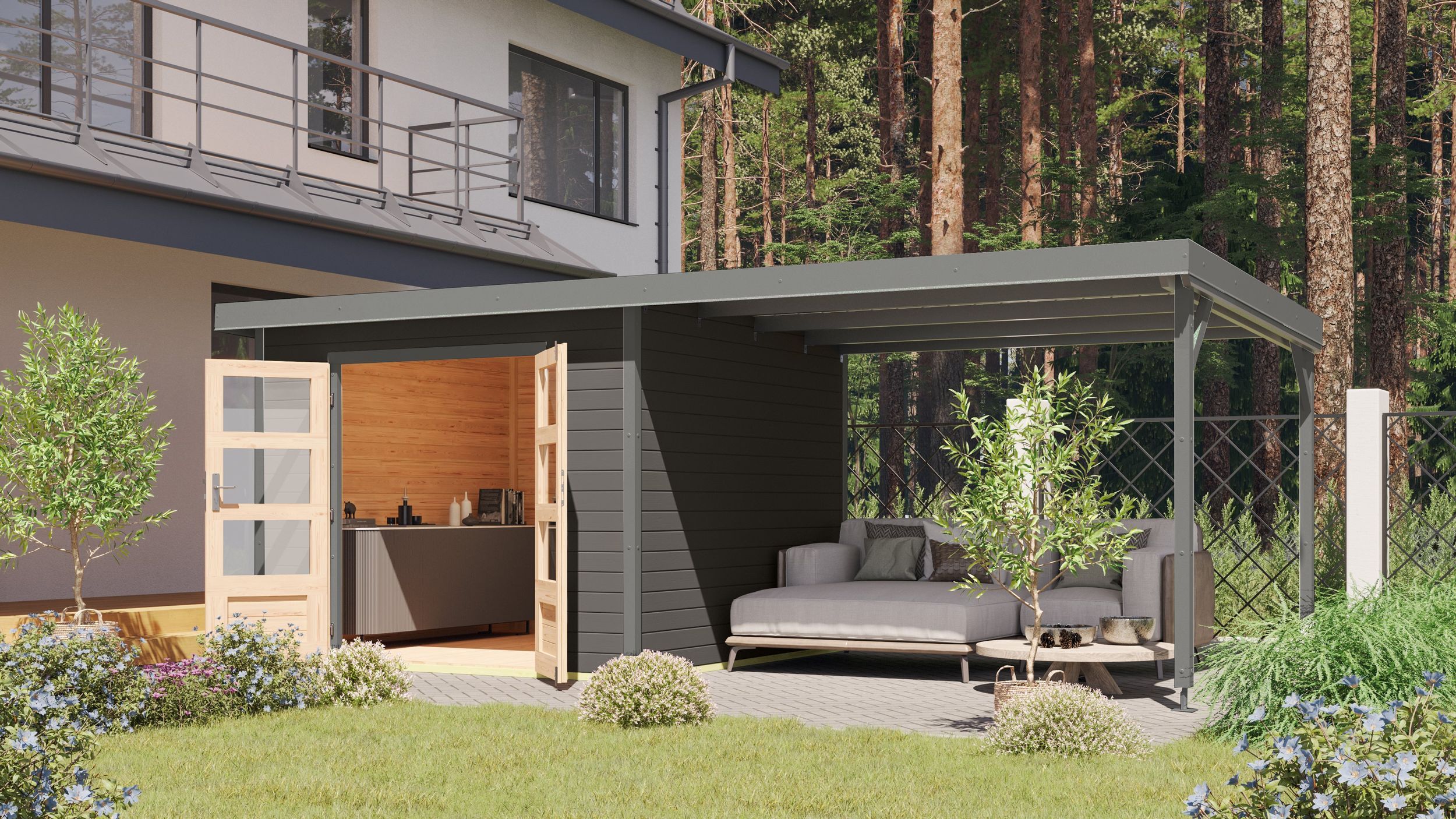 Foto van Karibu 12436 Pluto 6 tuinhuis met overkapping - terragrijs|grijsaluminium