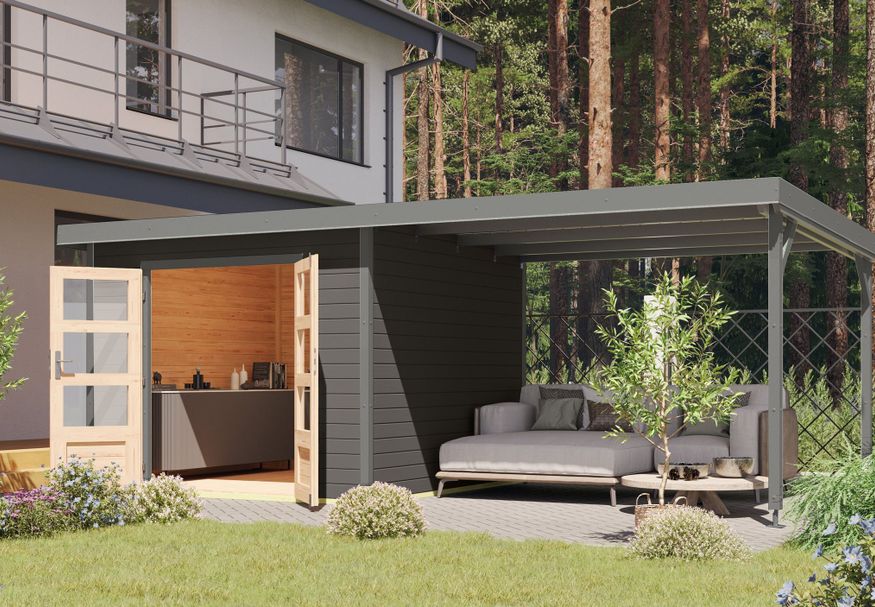 Karibu tuinhuis met overkapping Pluto 6 - Set B - terragrijs|grijsaluminium (12436) Foto van Karibu tuinhuis met overkapping Pluto 6 - Set B - terragrijs|grijsaluminium (12436)