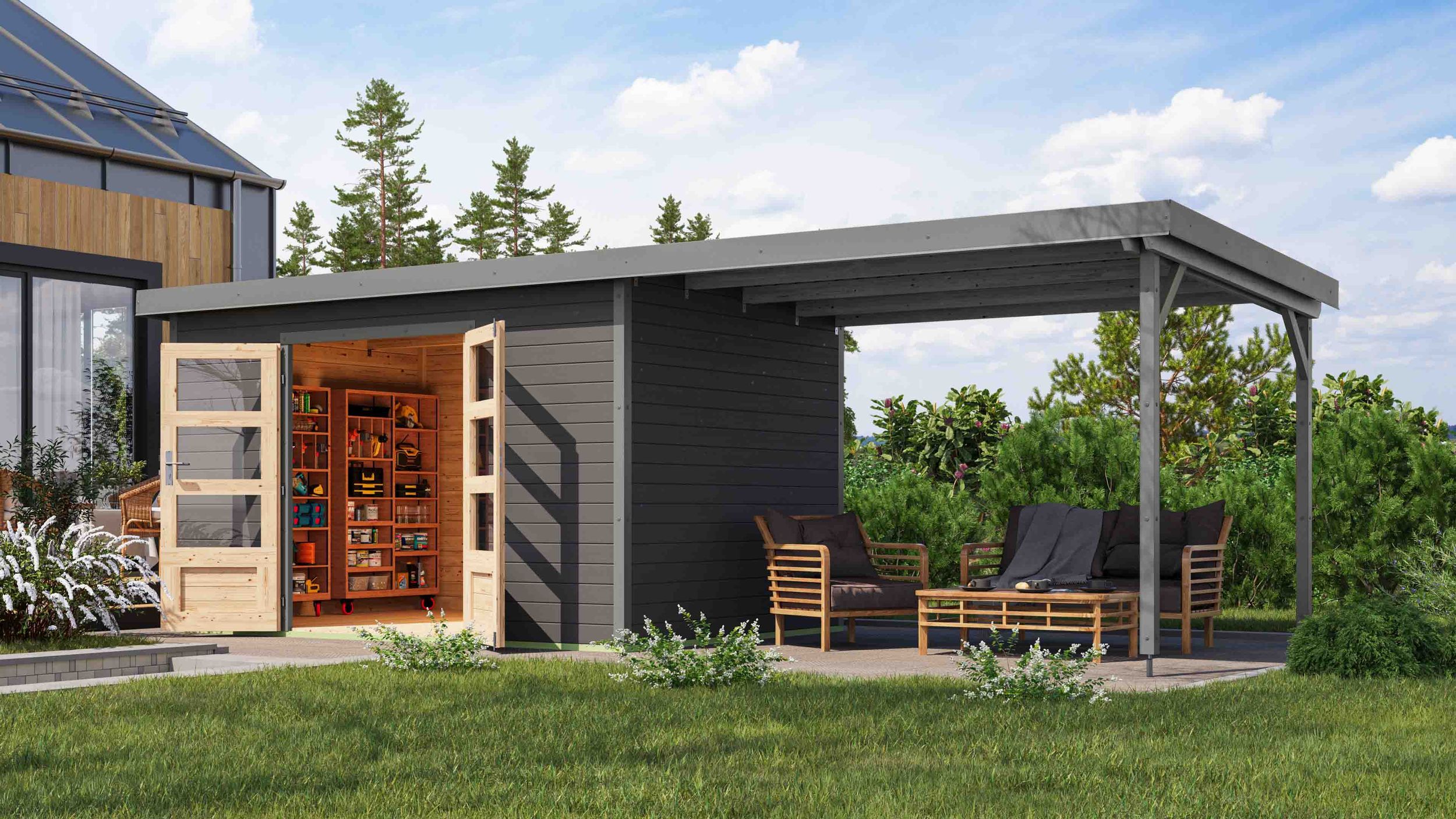 Foto van Karibu 12455 Pluto 7 tuinhuis met overkapping - terragrijs|grijsaluminium