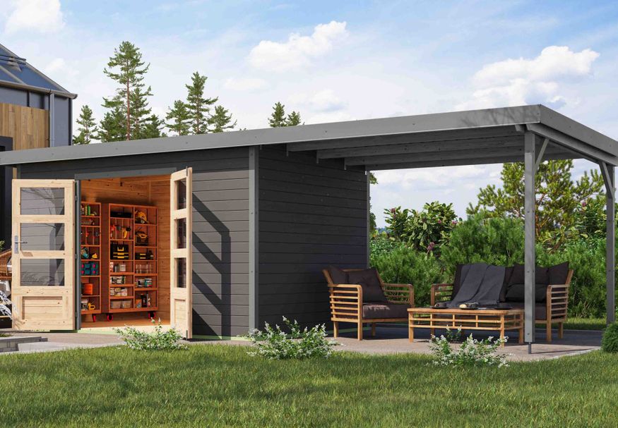 Karibu tuinhuis met overkapping Pluto 7 - Set B - terragrijs|grijsaluminium (12455) Foto van Karibu tuinhuis met overkapping Pluto 7 - Set B - terragrijs|grijsaluminium (12455)