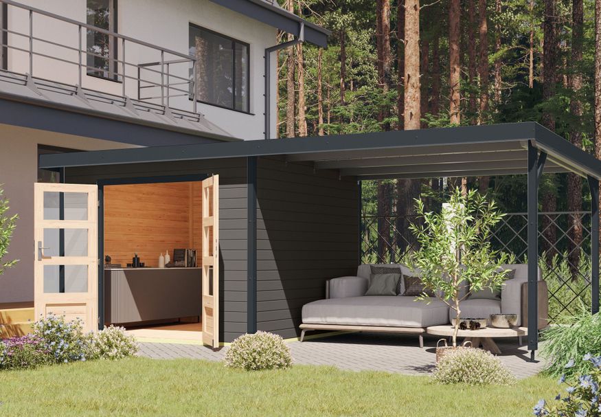 Karibu tuinhuis met overkapping Pluto 6 - Set B - terragrijs|antraciet (97911) Foto van Karibu tuinhuis met overkapping Pluto 6 - Set B - terragrijs|antraciet (97911)