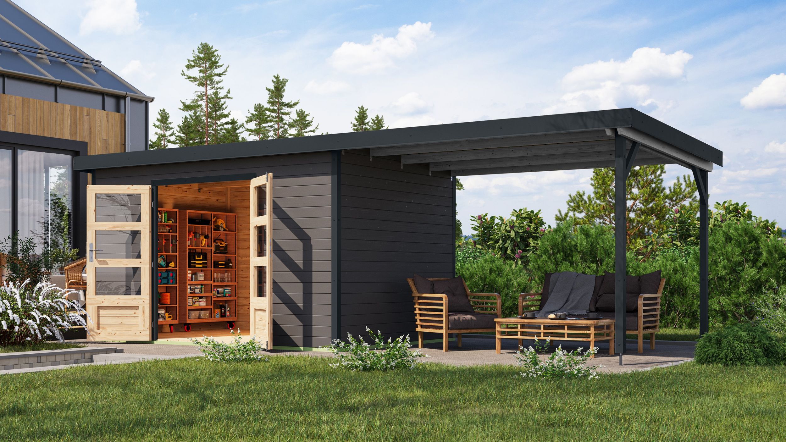 Foto van Karibu 12456 Pluto 7 tuinhuis met overkapping - terragrijs|antraciet