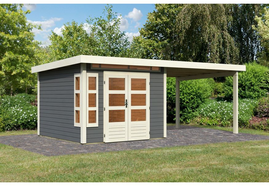 Foto von Karibu Kastorf 6 Gartenhaus mit Anbaudach 320 cm - terragrau (31543)